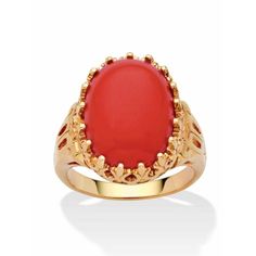 PalmBeach Jewelry exclusive. One of the most precious offerings simulated coral cabochon, in an oval shape, lends its beauty to a ring you'll treasure. Gold-plated. Sizes 5-10. 18513 Size: 9.  Color: Orange.  Gender: female.  Age Group: adult. Yellow Gold Cocktail Ring, Orange Ring, Palm Beach Jewelry, Gold Statement Ring, Gold Cocktail Ring, Coral Ring, Orange Coral, Gold Cocktail, Coral And Gold