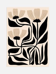 an abstract black and white painting with flowers on it's back side, in front of a beige background