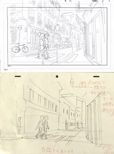 two drawings of people walking down the street