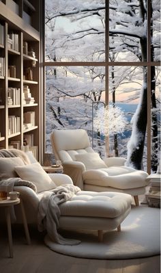 a living room filled with furniture next to a large window covered in frosted trees