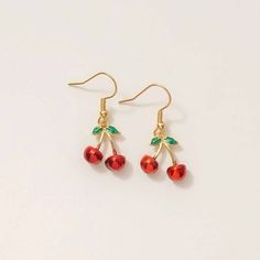 Cherry Earrings Dangle Style Gold Color Pet Friendly Home Smoke Free Home Casual Red Earrings For Party, Casual Red Party Earrings, Red Metal Earrings For Summer, Casual Red Nickel-free Earrings, Casual Red Metal Jewelry, Gold Earring Cuff, Silver Chandelier Earrings, Cherry Earrings, Multicolor Earrings