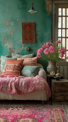 a bed with pink and blue pillows in a bedroom next to a window filled with flowers