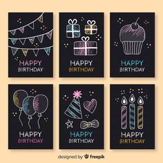 hand drawn birthday cards with candles and presents on blackboard background, set of four