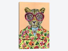 a painting of a leopard wearing sunglasses and a colorful suit with flowers on it's chest