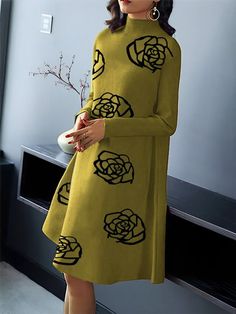 A-Line Long Sleeves Flower Print Mock Neck Midi Dresses RED-S Flower Print Midi Dress, Turtleneck Fashion, Inexpensive Dresses, Purple Midi Dress, Dresses Casual Winter, Yellow Midi Dress, Royal Blue Dresses, Red Midi Dress