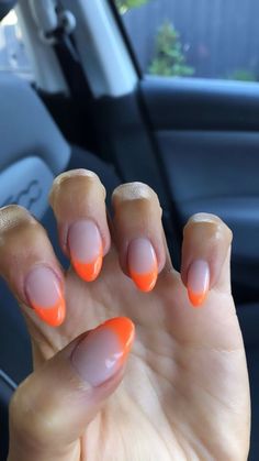 orange french tips almond nails Almond Shape Orange French Tip, Orange Tip French Nails, Orange Tips Almond Nails, Nails Acrylic Orange Tips, Acrylic Nail Almond Design, Orange Tip Almond Nails, Orange Nails Acrylic French Tip, Preppy Nails Orange, Almond Nails Orange French Tip