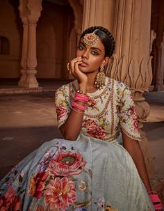 Featuring a vintage floral design anarkali beautifully adorned with intricate hand embroidery and threadwork embroidery on the yoke and the floral motifs. The outfit is paired with a coordinated dupatta pre draped in a modern style. Indian Editorial, Threadwork Embroidery, Luxury Aesthetics, Sarees Traditional, Blue Anarkali, Fashion Sarees, Vintage Floral Design, Tulip Sleeve, Sharara Set