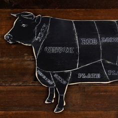 a black cow cut out on top of a wooden table with words written across it