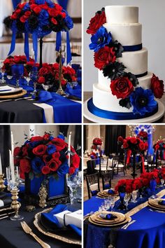 red, white and blue wedding cake with flowers on it