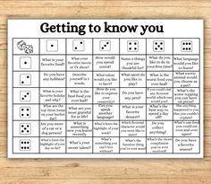 a printable game board with dices on it that says, getting to know you