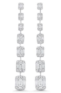 Graduated lines of emerald-cut and pavé-set diamonds flow from your lobes in these icy 18-karat-gold drop earrings. Total diamond weight: 4.91ct. Color: G–H Clarity: VS–SI Diamond/18k gold Imported >Diamond Guide White Diamond Jewelry, Gold Diamond Drop Earrings, Diamond Guide, Oval Earring, Diamond Hoop Earrings, Diamond Drops, Opal Earrings, Silver Drop Earrings, Gold Drop Earrings