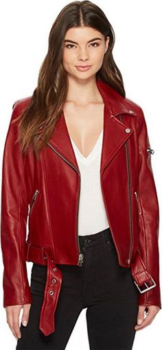 Red Biker Jacket With Long Sleeves, Red Fall Biker Jacket With Pockets, Red Moto Outerwear For Winter, Red Long Sleeve Moto Outerwear, Red Biker Outerwear With Zipper Closure, Red Zip Fly Outerwear For Fall, Moto Biker Jacket For Fall, Red Biker Outerwear For Fall, Red Moto Outerwear With Zipper Closure