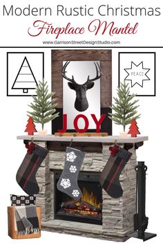 a fireplace decorated for christmas with stockings and stockings