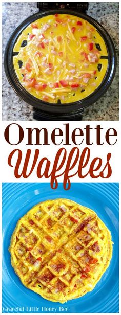 an omelette waffles recipe is shown in this collage with the title