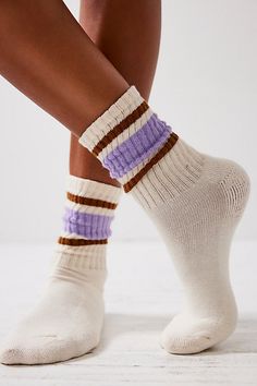 Classic sporty crew socks featured in a wide ribbed design with striped details at the ankle. * Calf-high rise * Comfortable fit | Retro Stripe Tube Socks by Free People in Purple High Ankle Socks, Socks And Trainers, Women’s Socks, Free People Socks, Slouchy Socks Outfit, Brandy Melville Socks, Cute Long Socks, Socks Pictures, 80s Socks