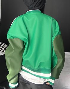 Green Contrasting Varsity Jacket | Dino - Seventeen L Casual Green Outerwear With Ribbed Cuffs, Oversized Spring Outerwear In College Style, Casual Green Varsity Jacket With Ribbed Cuffs, Green Long Sleeve Varsity Jacket For Spring, Green Long Sleeve Varsity Jacket For Fall, Sporty Green Outerwear With Ribbed Cuffs, Sporty Oversized Varsity Jacket For Spring, Green College Style Outerwear For Winter, Green College Style Winter Outerwear