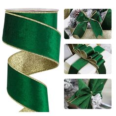 green and gold christmas ribbon with bows on white background, collaged in four different photos