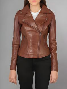 Modern Fitted Brown Leather Jacket, Fitted Moto Leather Jacket With Asymmetrical Zip, Fitted Moto Outerwear For Work, Classic Biker Jacket For Fall With Zip Fly, Classic Fitted Biker Jacket With Asymmetrical Zip, Edgy Fitted Brown Outerwear, Modern Fitted Biker Jacket With Long Sleeves, Trendy Fitted Outerwear For Biker Events, Modern Fitted Long Sleeve Biker Jacket