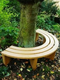 a wooden bench next to a tree in the woods