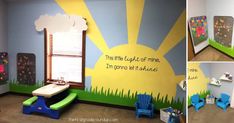 the children's playroom is decorated in bright colors and features an art work on the wall