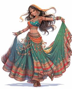 a woman in a belly dance outfit is dancing with her hands on her hips and arms out