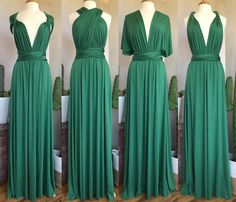 three different views of a green dress on mannequins in front of a cactus