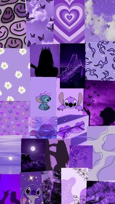 a collage of purple and black images with hearts, flowers, butterflies, and other things