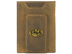 "Show your Clemson Tigers pride with an original Zep-Pro collegiate vintage tan leather front pocket wallet. This accessory is popular among college students and alumni. It is a stylish and unique way to show enthusiasm while keeping important cards and cash organized. This Zep-Pro wallet is constructed of full grain leather with a vintage tan finish and features the school's official logo, proudly displayed on the front. The metal concho emblem has an antique brass finish which perfectly accent Brown Wallets With Engraved Logo For Everyday Use, Brown Wallet With Engraved Logo For Everyday Use, Leather Front Pocket Wallet, Cash Organizer, Unique Wallets, Wallet Vintage, Front Pocket Wallet, School Logo, Clemson Tigers