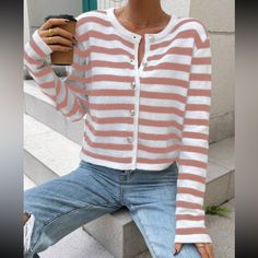 Super Cute Pink And White Striped Cardigan Sweater Sweet Pink Long Sleeve Cardigan, Pink Stripe Cardigan, Striped V-neck Cardigan For Spring, Pink V-neck Winter Cardigan, Cream Sweater Cardigan, Pink Vertical Stripes Button-up Top, Burgundy Cardigan, Puff Sleeve Cardigan, Plaid Cardigan