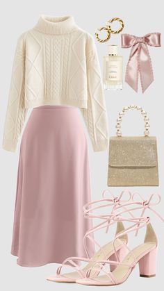 #pinkaesthetic #lightpink #coquette #outfit #modestfashion #sweater #skirt #churchoutfit #winterfashion #classy #modestoutfit #winter Feminine Teacher Outfits, Pink Teacher Outfit, Cozy Skirt, Teacher Outfits High School, Modest Girly Outfits