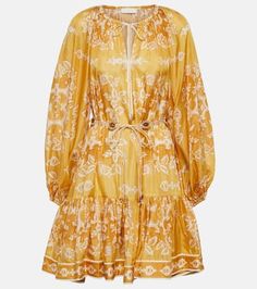 Raie printed silk minidress in gold - Zimmermann | Mytheresa Bohemian Silk Mini Dress With Floral Print, Spring Silk Dresses With Lantern Sleeves, Bohemian Summer Dresses With Blouson Sleeves, Bohemian Silk Mini Dress, Bohemian Flowy Mini Dress With Puff Sleeves, Whimsical Dresser, Open Neck, Printed Silk, Silk Printing