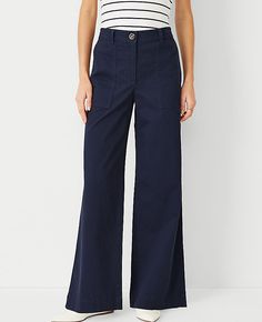 Elevate your weekend wardrobe with the Ann Taylor Weekend Wide-Leg Pant, a perfect blend of comfort and chic style. These pants feature a flattering high waist and a statement wide leg that adds a touch of modern elegance to your casual look.

- Size: 14
- Color: Night Sky
- Material: 97% Cotton, 3% Spandex
- Gender: Female
- Fit: Relaxed and easy
- Rise: Mid rise, sits 2 1/4" below natural waist
- Length: Full length, 31" inseam with 24 1/2" leg opening
- Closure: Front zip with button
- Featur Pants With Boots Outfit, Navy Blue Pants Outfit, Cotton Pants Women, Ann Taylor Petite, Knitted Suit, Teaching Outfits, Chino Pants, Weekend Wardrobe, Waist Length