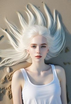 a woman with white hair laying in the sand