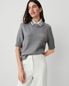 A rhinestone-embellished shirt collar transforms this timeless sweater into a wardrobe gem. Point collar. Crew neck sweater. Short sleeves. Saddle shoulders. Ribbed neckline, cuffs and hem.,Imported:Imported,Fit:Softly fitted,Length:21 1/2" long,Fabrication:54% Acrylic, 30% Polyester, 16% Nylon,Garment Care:Machine Washable Rhinestone Mixed Media Sweater Tee by Ann Taylor Size regular - XS Medium Heather Grey Women's Crew, Neck, Short, Sleeve, Tees, Sweaters, 54%, Acrylic, 30%, Polyester, 16%, Nylon, Machine, Washable Saddle Shoulder Sleeve, Elegant Short Sleeve Tops With Ribbed Collar, Elegant Knit Top With Ribbed Collar For Work, Elegant Ribbed Collar Crew Neck Top, Knit Collar Top For Work, Knit Tops With Collar For Work, Classic Workwear Tops With Embellished Collar, Classic Embellished Collar Tops For Workwear, Classic Tops With Embellished Collar For Workwear