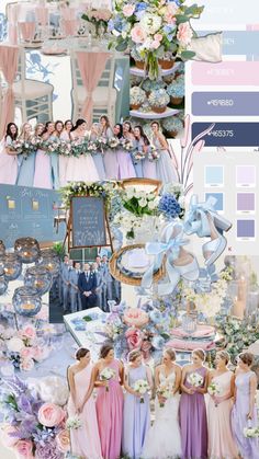 a collage of wedding photos with pastel colors