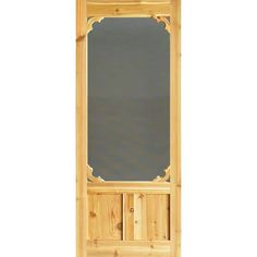 a wooden door with a mirror on the front and side paneled in pine wood