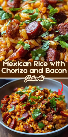 mexican rice with chorizo and bacon in a bowl