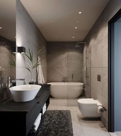 a modern bathroom with two sinks and a bathtub