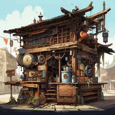 こじんまりした木造の店舗住宅 Steampunk Shop Concept Art, Jungle Crafts, Architecture Drawing Presentation, Sci Fi Architecture