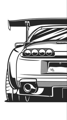 a black and white drawing of a sports car