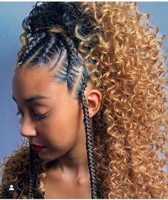 Slay this style girls, holding curls and half braided with ponytail style for your next look. High Ponytail Braid, Cornrow Ponytail, Curly Hair Ponytail, French Braid Ponytail, Ponytail Hairstyles Easy, Black Ponytail Hairstyles, Twist Ponytail, Simple Ponytails, Curly Ponytail