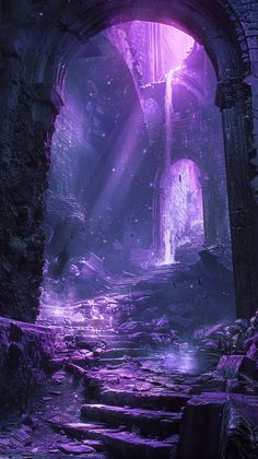 an image of a fantasy scene with purple light coming from the entrance to a cave