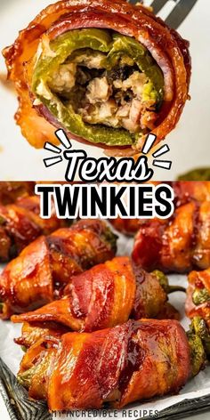 bacon wrapped hot dogs with green peppers on top and the words texas twinkies above them