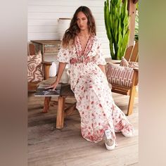 Free People Lynette Maxi Dress In Cream V-neck Boho Sundress For Garden Party, Feminine Boho Maxi Dress For Vacation, Feminine Maxi Beach Dress, Feminine Maxi Dress For The Beach, Feminine Boho Maxi Dress For Beach, Feminine Fitted Boho Dress For Vacation, Fitted Feminine Boho Dress For Vacation, Bohemian V-neck Beach Dress For Garden Party, Feminine Floral Maxi Dress For Vacation