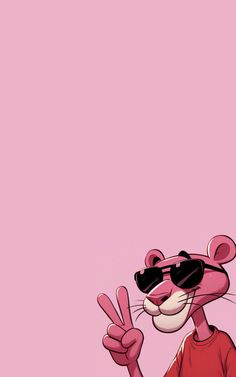 a cartoon rat wearing sunglasses and giving the peace sign with his hand while standing in front of a pink background