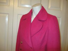 "Hot pink! 59% wool, 49% polyester. Polyester lining. Dry clean. Double breasted button closure. 1 inside button. Front pockets are till tacked closed. Gold dome buttons. Marked size SX but should also fit size 4. It fits me and I wear a 4. It measures 19\" long. 15\" across the top of the shoulders. 25\" sleeves. Laying flat seam to seam it's 18 1/2\" across under the arms, 17\" at the waist, 18 1/2\" at the hem. Like new condition. I ship same or next business day." Cropped Blazer Jacket, Flat Seam, Cropped Blazer, Womens Blazers, The Limited, Double Breasted, Blazer Jacket, Women's Blazer, Wool Blend