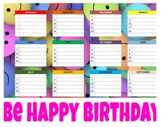 a colorful birthday calendar with balloons and the words be happy birthday written in pink on it