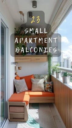 small apartment balconies with an orange couch and wooden shelves on the balcony area