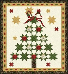 a quilted christmas tree with red and green ribbons on it's branches, surrounded by stars