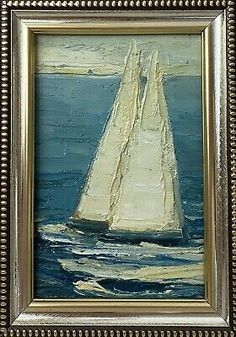 an oil painting of a sailboat in the ocean